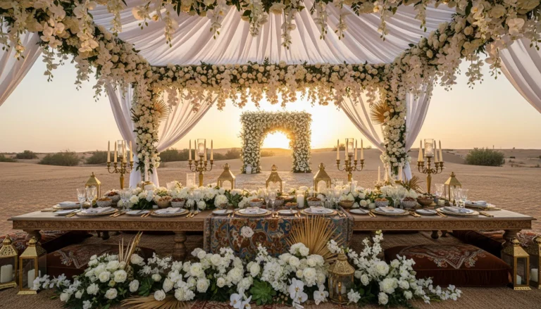 Best Luxury Wedding Planner in Dubai, Luxury event planning services for unforgettable celebrations in Dubai & UAE. | luxury desert wedding dinner setup sunset