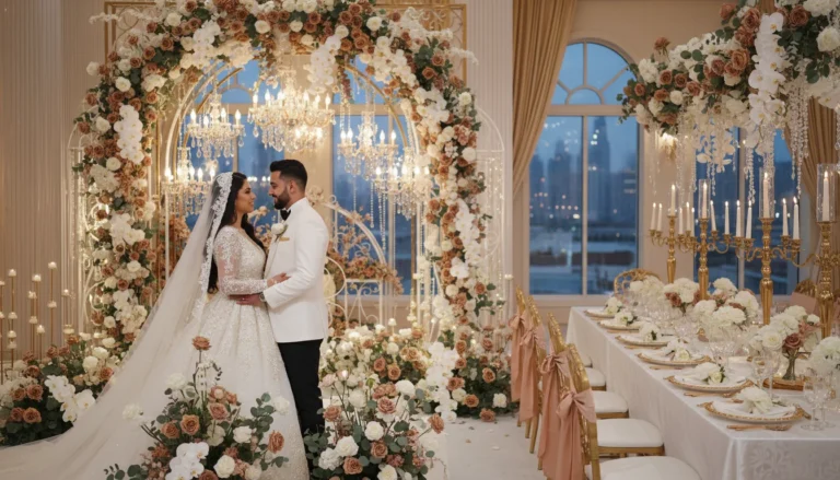 Best Luxury Wedding Planner in Dubai, Luxury event planning services for unforgettable celebrations in Dubai & UAE. | luxury wedding reception floral arch bride groom skyline