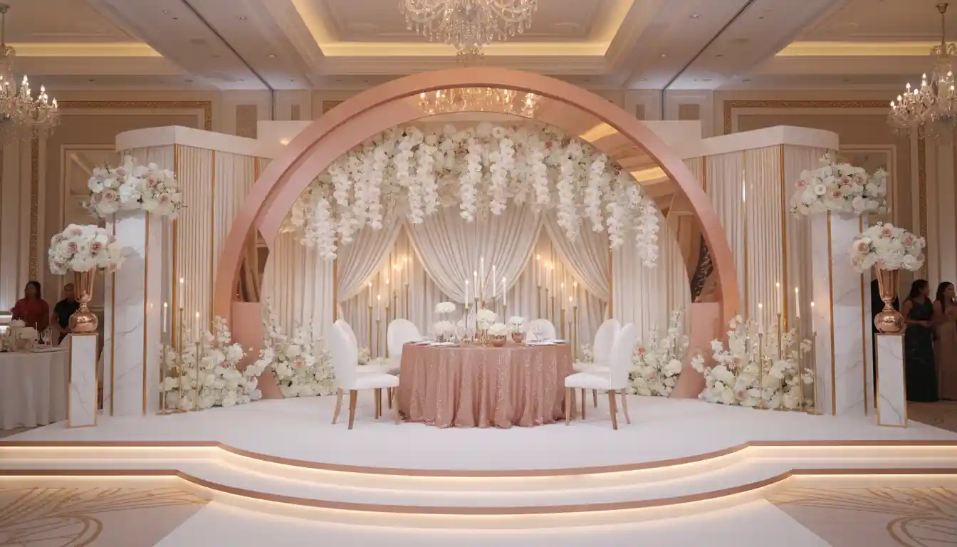Best Luxury Wedding Planner in Dubai, Luxury event planning services for unforgettable celebrations in Dubai & UAE. | rose gold wedding stage decor dubai