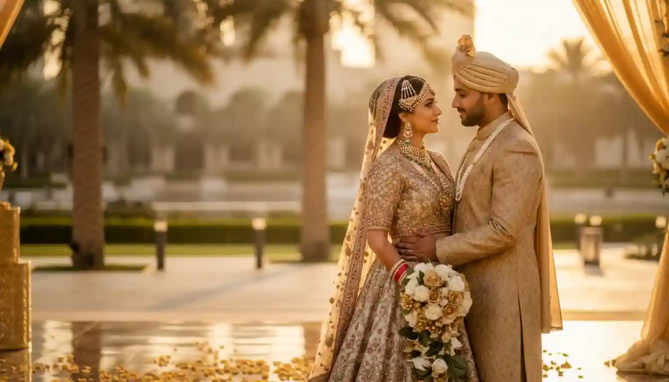 Best Luxury Wedding Planner in Dubai, Luxury event planning services for unforgettable celebrations in Dubai & UAE. | south asian indian wedding couple outdoors in dubai
